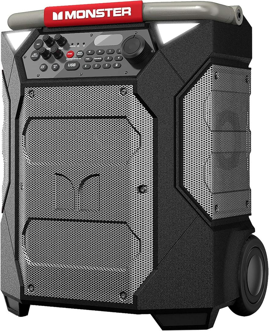 Monster Rockin' Roller 270 Portable Indoor/Outdoor Wireless Speaker, 200 Watts, Up to 100 Hours Playtime, IPX4 Water Resistant, Qi Charger, Connect to Another TWS Speaker 