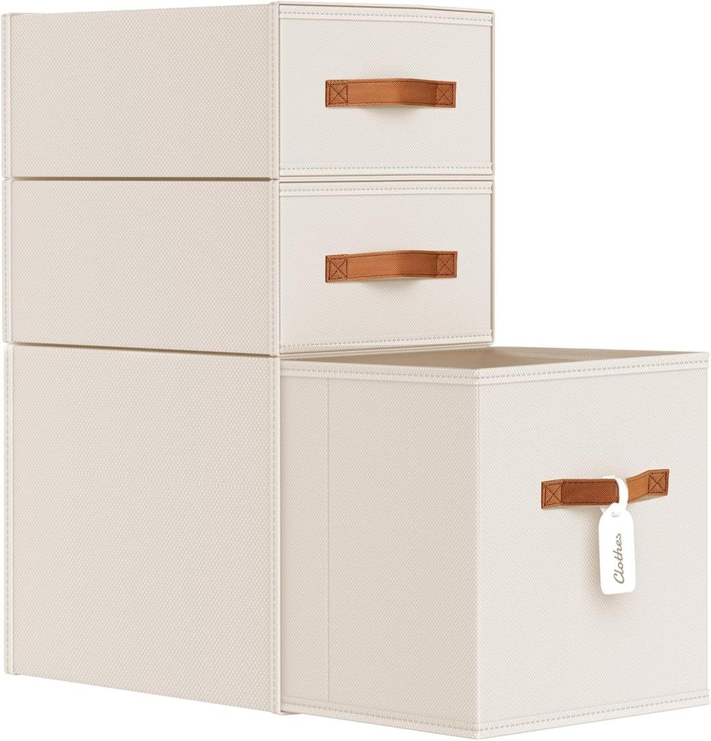 DIMJ Closet Organizers and Storage - Fabric Storage Bins with Drawers Stackable Closet Bins with Labels for Clothes, Sweaters, Bedding, Collapsible Storage Cubes for Bedroom, Living Room, Shelf (3 Pack, Beige)