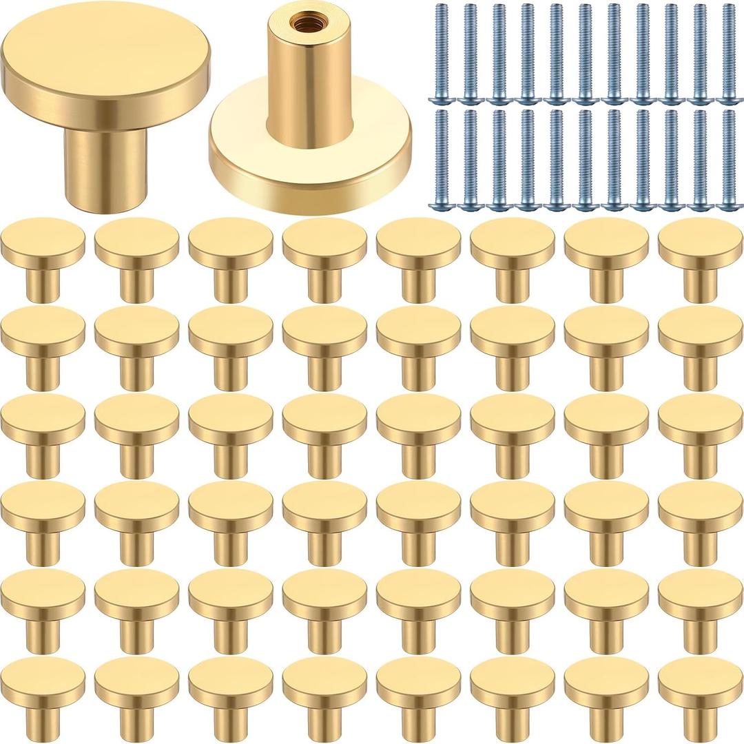 Therwen 50 Pcs Cabinet Knobs Brushed Brass Round Drawer Pulls Closet Door Knobs Mushroom Dresser Solid Hardware with Screws for Kitchen Cupboard Bedroom (Gold,0.98 Inch,Classic)