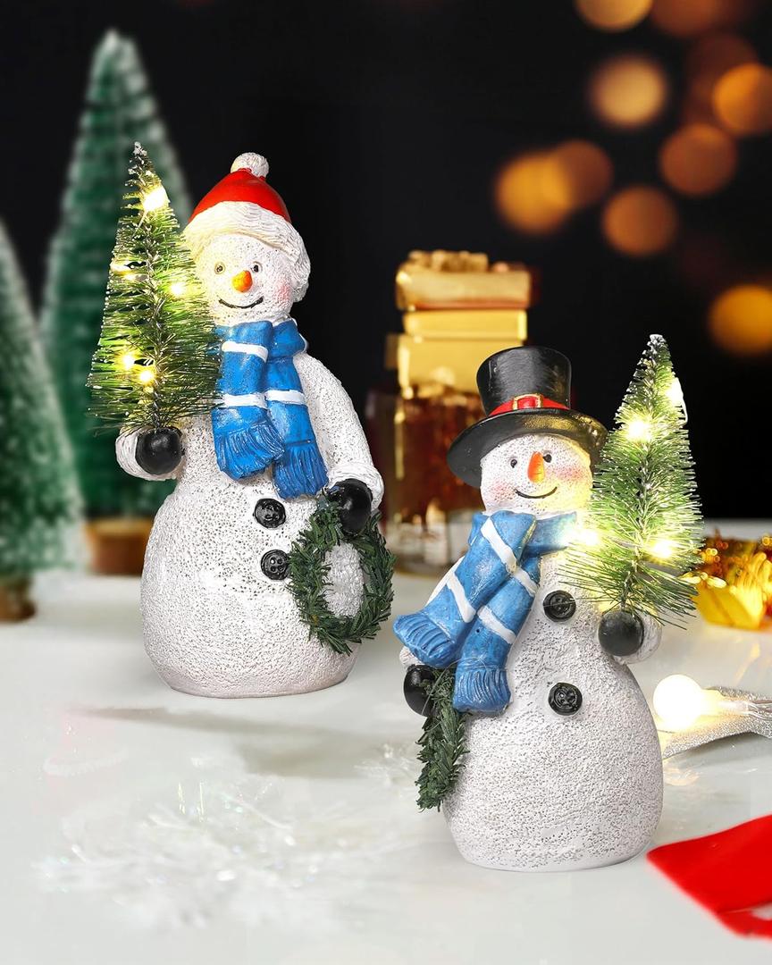IStatue Resin Snowmen Figurines with Lighted Christmas Tree and Wreath 5'' - Set of 2 Battery Operated - Holiday Decorations Home Decor (Snowman)