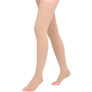 Athbavib 20-30mmHg Compression Stockings for Women and Men, Thigh High Open Toe Medical Graduated Compression Socks, Best Support for Treatment Varicose Veins Swelling (Beige,Large)