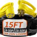 NEMA 14-50P/14-50R 15 FT 50 Amp RV/EV Extension Cord Outdoor with Grip Handle, 4 Prong Flexible Heavy Duty STW RV Power Cord Waterproof, 50A 125/250V 6250/12500W, Black-Yellow, ETL Listed