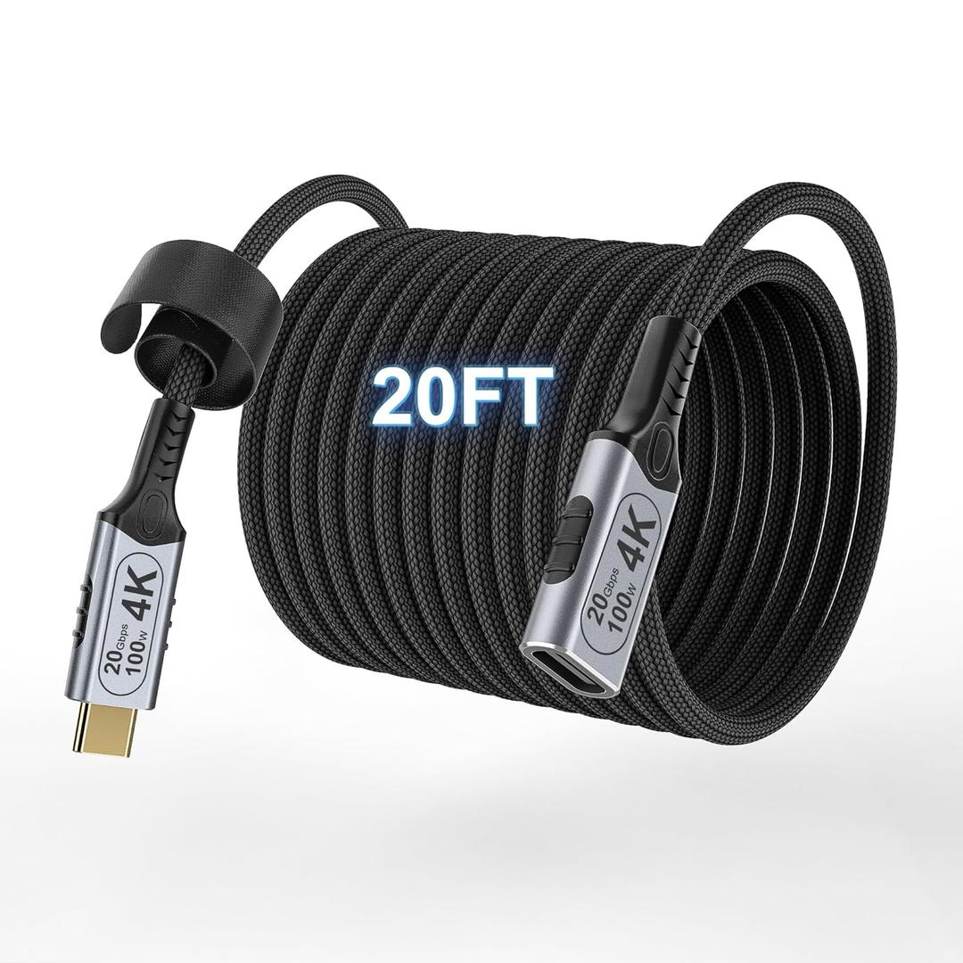 USB c Braided Data Extension Cable 20ft/6M, USB c Extension Cable 20 gbps Data Transfer/100W Fast Charging/Video Output at 4K@60Hz for Monitor,USB Male to usbc-c Female Cable