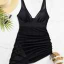 SUUKSESS Women Mesh One Piece Swim Dress Swimsuit Tummy Control Bathing Suit (Black, M)