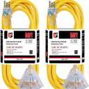 EP 2 Pack 50 Ft 12 Gauge Heavy Duty Extension Cord, 15A 125V 1875W, 3 Outlet Indoor/Outdoor Power Cord with Lighted End, 12/3 SJTW Weatherproof Yellow, UL Listed
