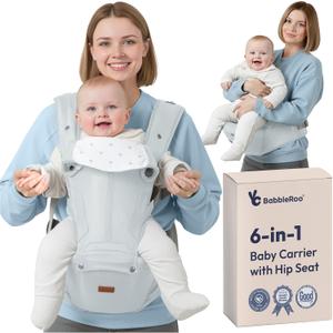 BabbleRoo Grow Carrier  Safety-Certified 6-in-1 Baby Carrier with Hip Seat, Ergonomic & Adjustable Toddler Carrier 7-50 lbs with Hip Support, Hood for Sun Protection, Newborn to Toddler, Seafoam
