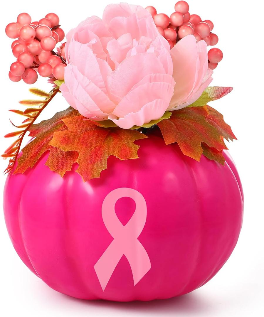 Tigeen Breast Cancer Awareness Decorations Pink Breast Cancer Pumpkin Flower Tabletop Centerpieces with Pink Ribbon Pattern for Fall Home Office Charity Party Decor