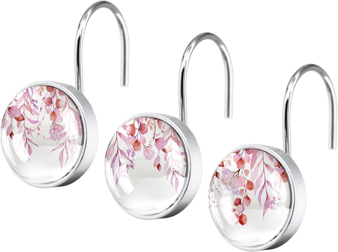 12 Pcs Pink Eucalyptus Shower Curtain Hooks - Decorative Shower Curtain Hooks Rings Set - Stainless Steel Round Resin Shower Rings Hangers for Modern Bathroom Home Bath Room Rods Decor