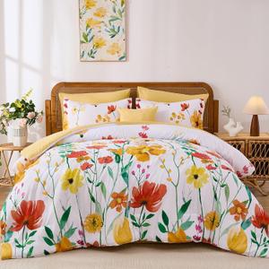 Annibedding Floral Comforter Set King Size 8 Piece, Yellow Botanical Flower Bed in a Bag, Elegant Bright Floral Reversible Comforter, Soft Microfiber Bedding Set for All Season (90"x104")
