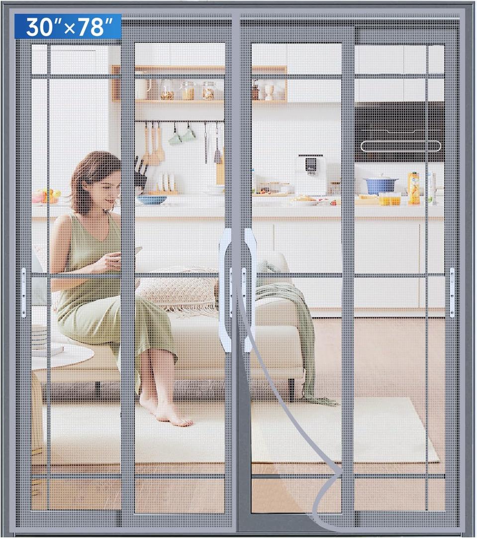 Upgraded PET Mesh Magnetic Screen Door Stronger Than Fiberglass and Polyester,Hands Free,Keep Bugs Out,Pet & Kid Friendly,Fit Door Size 30" X 78", Screen Size 32" X 80" (Fit Door Size 3078 Inch, Gray)