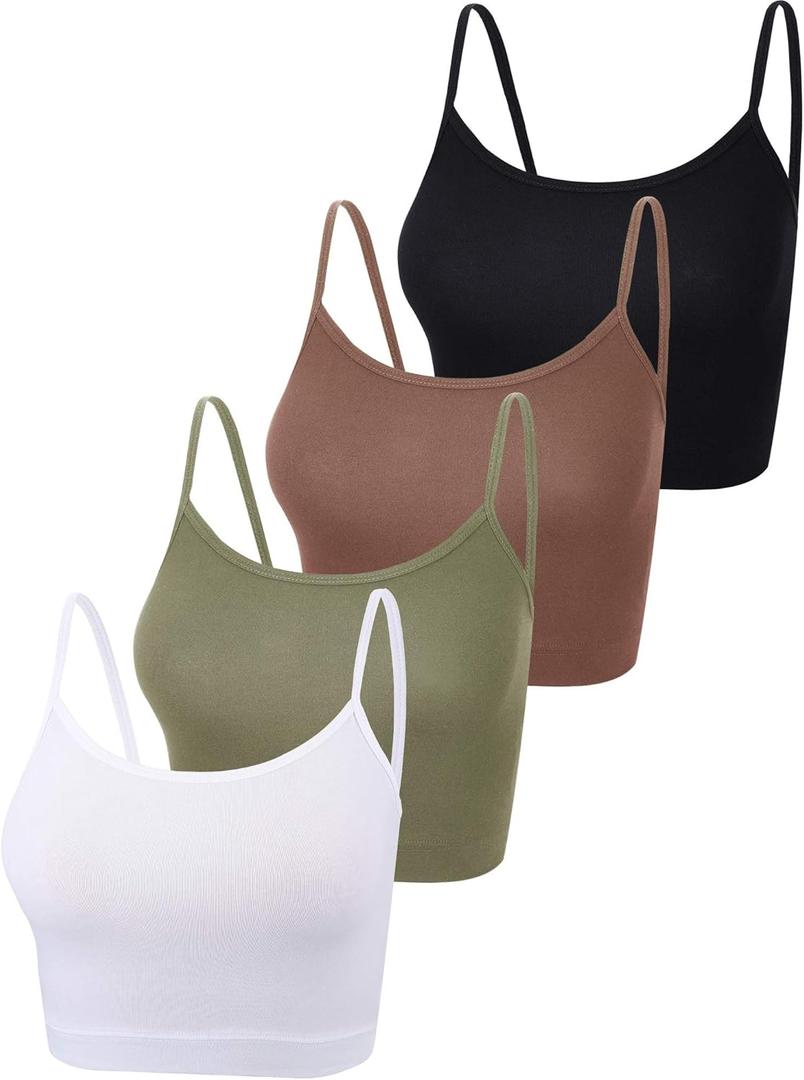 4 Pack Cropped Tank Tops for Women, Spaghetti Strap Crop Top Basic Sports Crop Cami Half Camisoles for Teen Girls (Black, Coffee, Green, White, L)