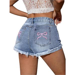 WDIRARA Women's Bow Embroidery Frayed Hem Denim Shorts Y2k Jean Shorts Blue 32