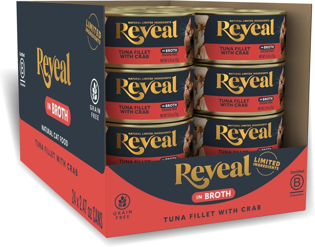 Reveal Natural Wet Canned Cat Food, Limited and Natural Ingredients, Grain Free, High Protein with No Artificial Additives, Tuna with Crab in Broth (24 x 2.47 oz Cans) BB 13/May/2028