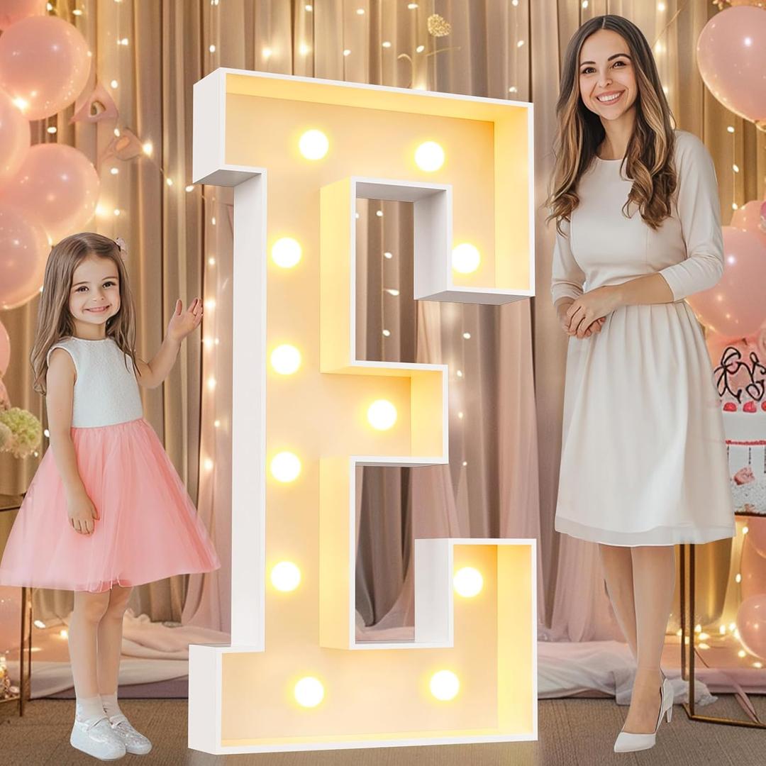 Pooqla 4 FT Marquee Light Up Letters, Marquee LED Lights 4 Feet Tall, Giant Letter Sign Big Mosaic Letters for Balloons Birthday Party Anniversary Wedding Decorations, Warm White Letter E