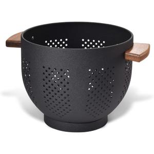 Metal Colander with Wood Handle and Stable Base, Powder Coated Steel Kitchen Strainer Basket for Draining Pasta, Vegetable and fruit(5.5quart,Matte Black)