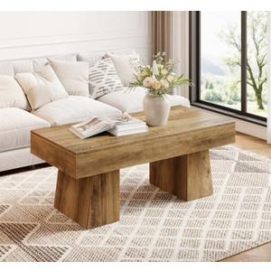 LITTLE TREE Farmhouse Coffee Table, 47 Inches Wooden Rectangular Accent Center Tables with Thick Base, Modern Low Cocktail Tea Furniture for Living Room (Rustic Brown)
