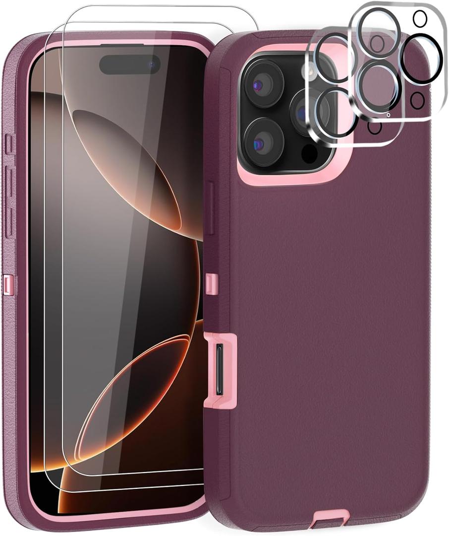 Gase for iPhone 16 Pro Case 6.3" with 2 Screen Protector + 2 Camera Lens Protector, Full Body Heavy Duty Military Grade Cover, Shockproof/Drop Proof Protection Phone Case (Wine Red Pink)