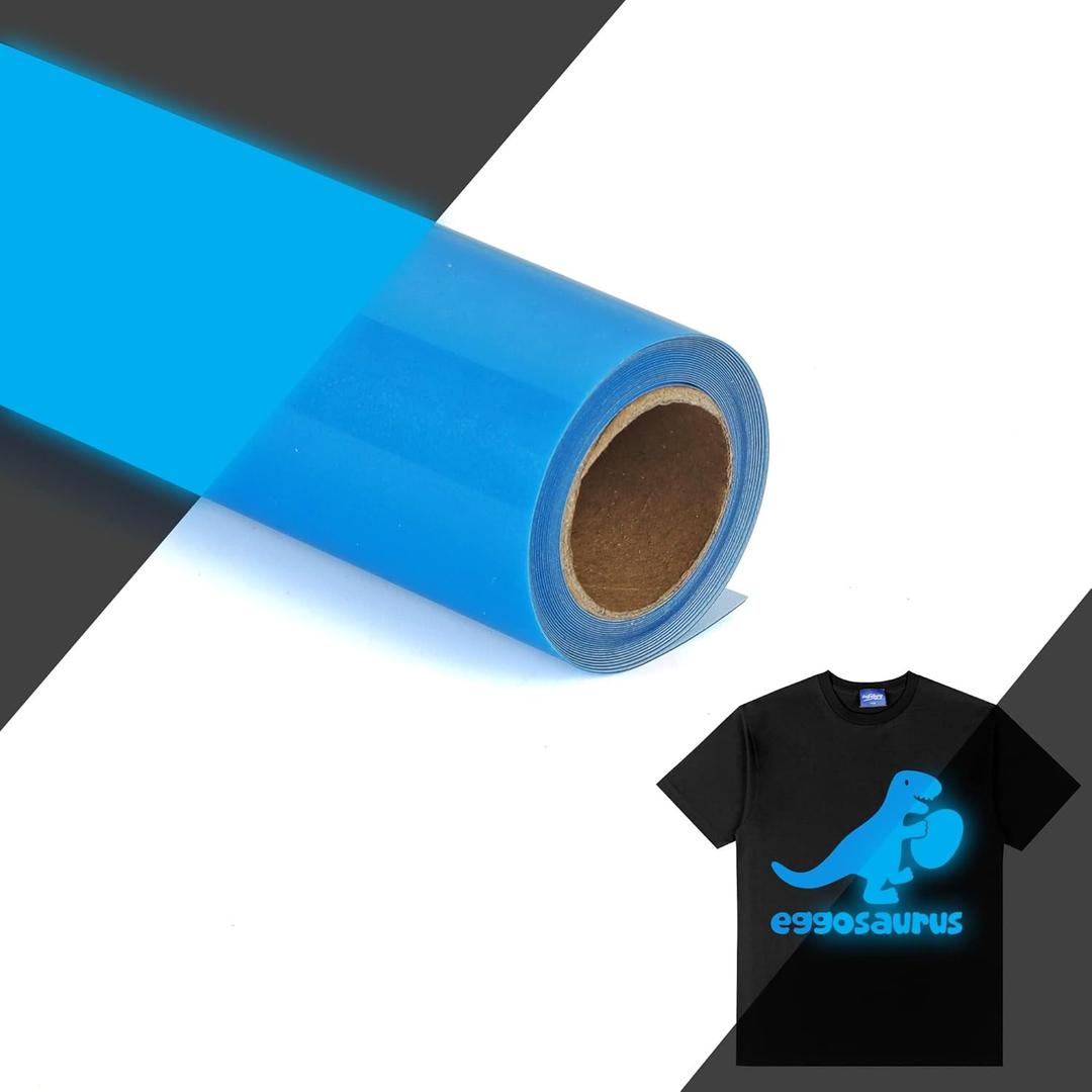 HTVVETUR Glow in The Dark HTV Heat Transfer Vinyl Roll 12 Inch by 10 Feet Iron on DIY for T-Shirt PU Stretch Elastic HTV Vinyl (Dark in Glow Blue, 10FT)