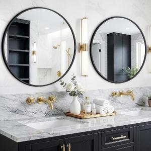 Round Bathroom Mirror for Wall, 2 Pack 26" Black Circle Mirror, Tempered Glass Bathroom Mirror for Over Sink, Modern Metal Framed Round Vanity Mirror for Entryway, Bedroom, Living Room