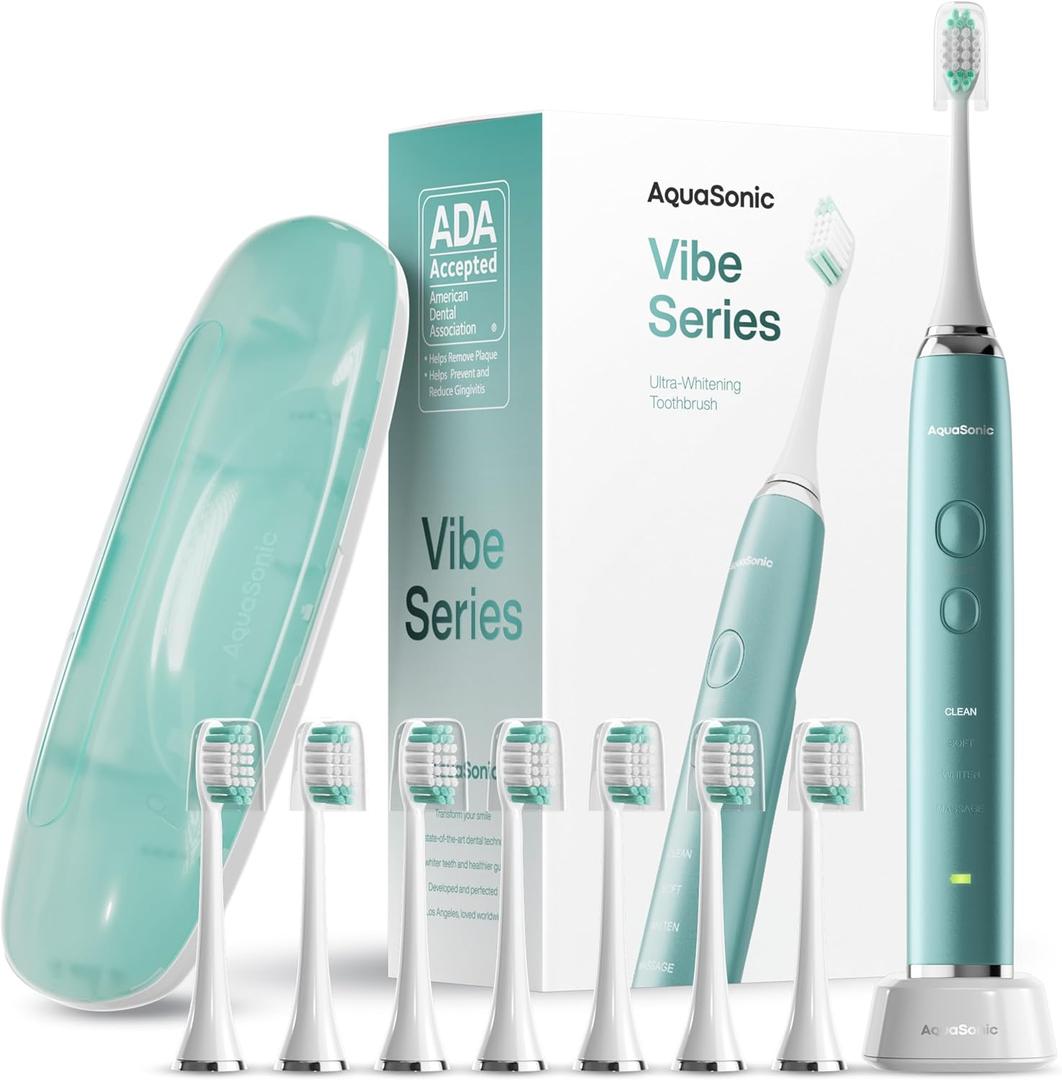 Aquasonic Vibe Series Ultra-Whitening Toothbrush – ADA Accepted Power Toothbrush - 8 Brush Heads & Travel Case – 40, 000 VPM Motor & Wireless Charging - 4 Modes w Smart Timer – Mint Green Metallic