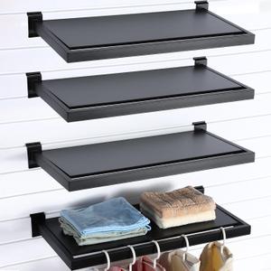 Blulu 4 Pack Slatwall Shelf, 23. 6x11. 8 Inch Wooden Wall Shelves with Metal Rectangular Tubing U Shaped Hanger Slatwall Shelving Organizer Accessories for Home Retail Display (Black)
