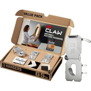 3M CLAW(TM) 65 lb. Drywall Picture Hanger With Spot Markers, Heavyweight Hanging Solution for Room Decor and Office Decor, Including Mirrors or Large Art  3 Pack