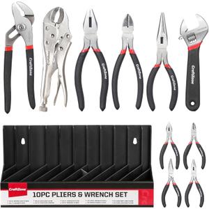 10PC Pliers and Wrench Set with Storage Rack  Includes Locking | Long Nose | Diagonal Cutter | Groove Joint | Linesman & Mini Plier, Carbon Steel Tool Kit for DIY and Home a Gift for Man