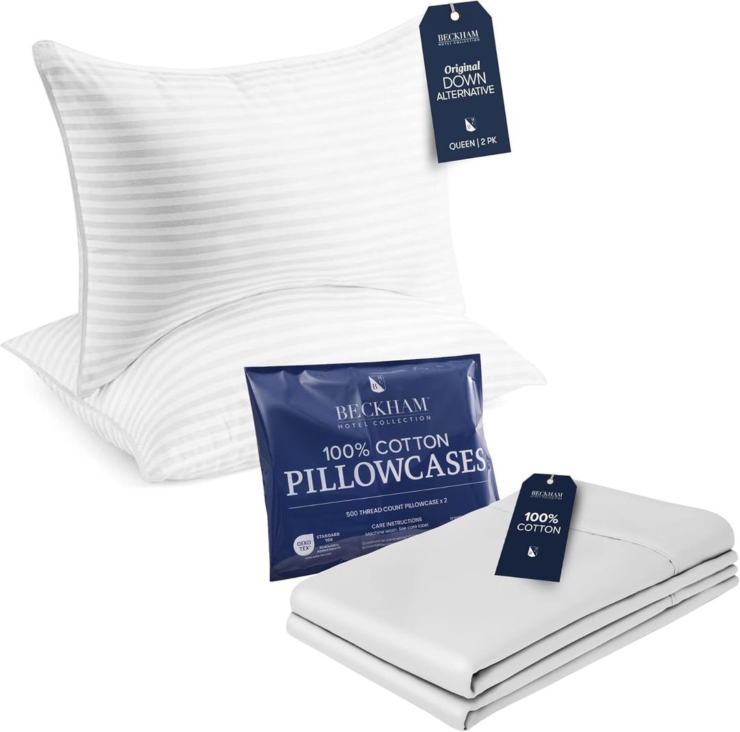 Beckham Hotel Collection Bed Pillows with Cotton Pillowcases Queen Size Sets of 2, Soft Down Alternative Pillows for Sleeping, Open End Cases for Easy Changing, White