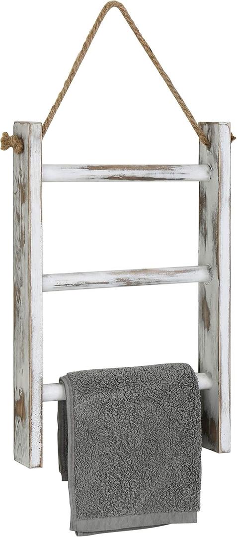 MyGift Rustic Hand Towel Holder, Whitewashed Solid Wood Farmhouse Bathroom Decor, Small Blanket Ladder for Home Decor, Wall Mounted Towel Rack for Shabby Chic Decor
