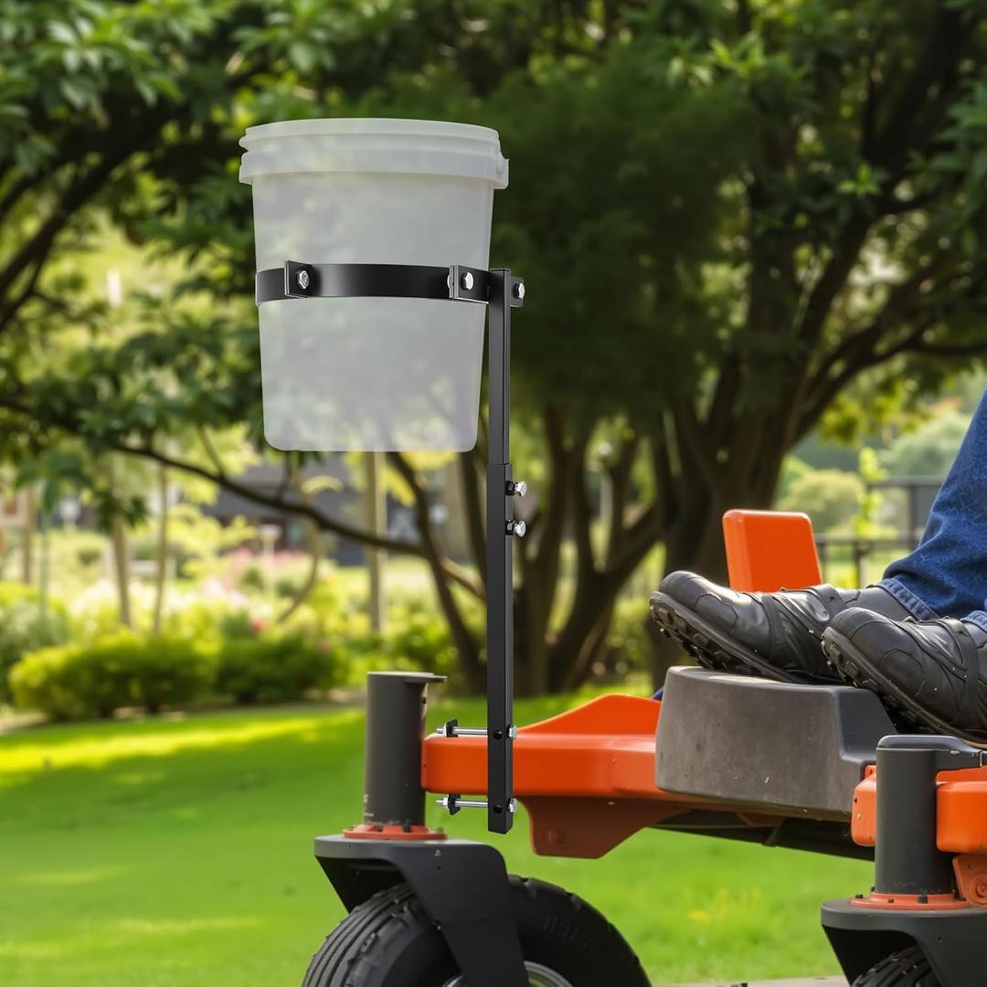5 Gallon Trash Bucket Holder, Adjustable Height: 19.328.3'', Clamp-On Bucket Storage Mount for Zero Turn Mowers, Heavy-Duty Steel Frame
