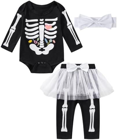 IWALUE Newborn Baby Girls Skeleton Costume Outfit Funny Halloween Skull Tulle Skirt Romper Pants Set, Size 3-6 Month