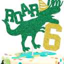 Roar I'm 6 Cake Topper, Dinosaur Jungle Safari Cake Topper for Boys Girls, Happy 6th Birthday Party Decorations Supplies for Kids, Gold and Green Glitter