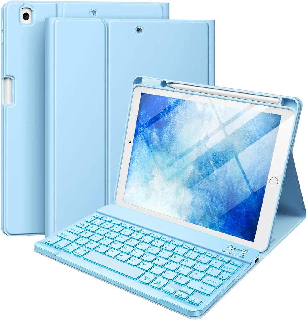 Hamile for iPad 9th/8th/7th Generation Case with Keyboard 10.2 Inch - 7 Colors Backlit Wireless Detachable Folio Keyboard Cover with Pencil Holder for iPad Pro 10.5" / iPad Air 3rd Gen (Sky Blue) (Blue)