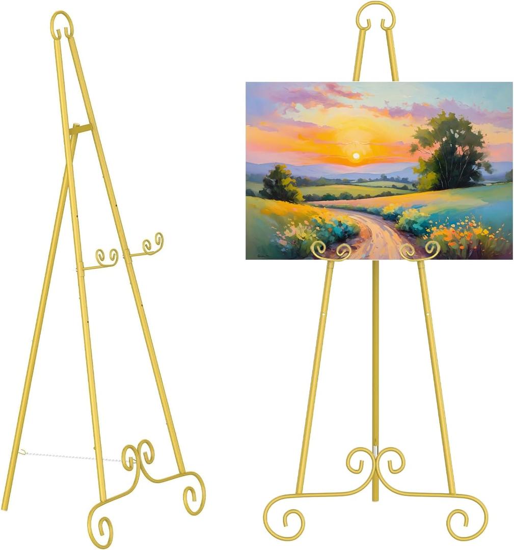 46" H Adjustable Metal Display Easel - Vintage Gold Scroll Design, Rust-Proof Metal Stand for Showcasing Pictures, Artlork, Picture Frame and Wedding Signs