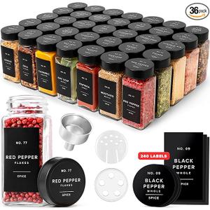 Glass Spice Jars with Label and Black Lids (36 x 4oz) Spice Containers with 240 Labels, Shaker Inserts, Steel Funnel, Empty Square Empty Square Seasoning Organizer