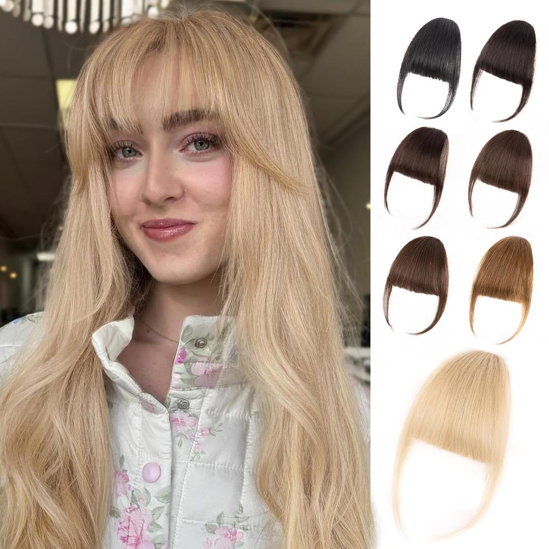 Clip in Bangs, 100% Real Human Hair Ash Blonde Fake Bangs Hairpieces for Women Fringe with Temples Wispy Bangs Clip In Hair Extensions for Daily Wear