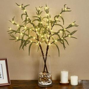 Waipfaru 2Pcs 32IN Lighted Branches for Vases, Norfolk Pine Branches Lighted Branches with Timer 60 LED, Artificial Prelit Branches for Home Indoor Party Christmas Decoration (2ft 8in)