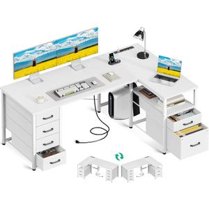 Coleshome L Shaped Computer Desk with 6 Drawers & Power Outlet, 55 Inch Corner Desk with Reversible Storage Shelf & File Drawer, Home Office Desk, White