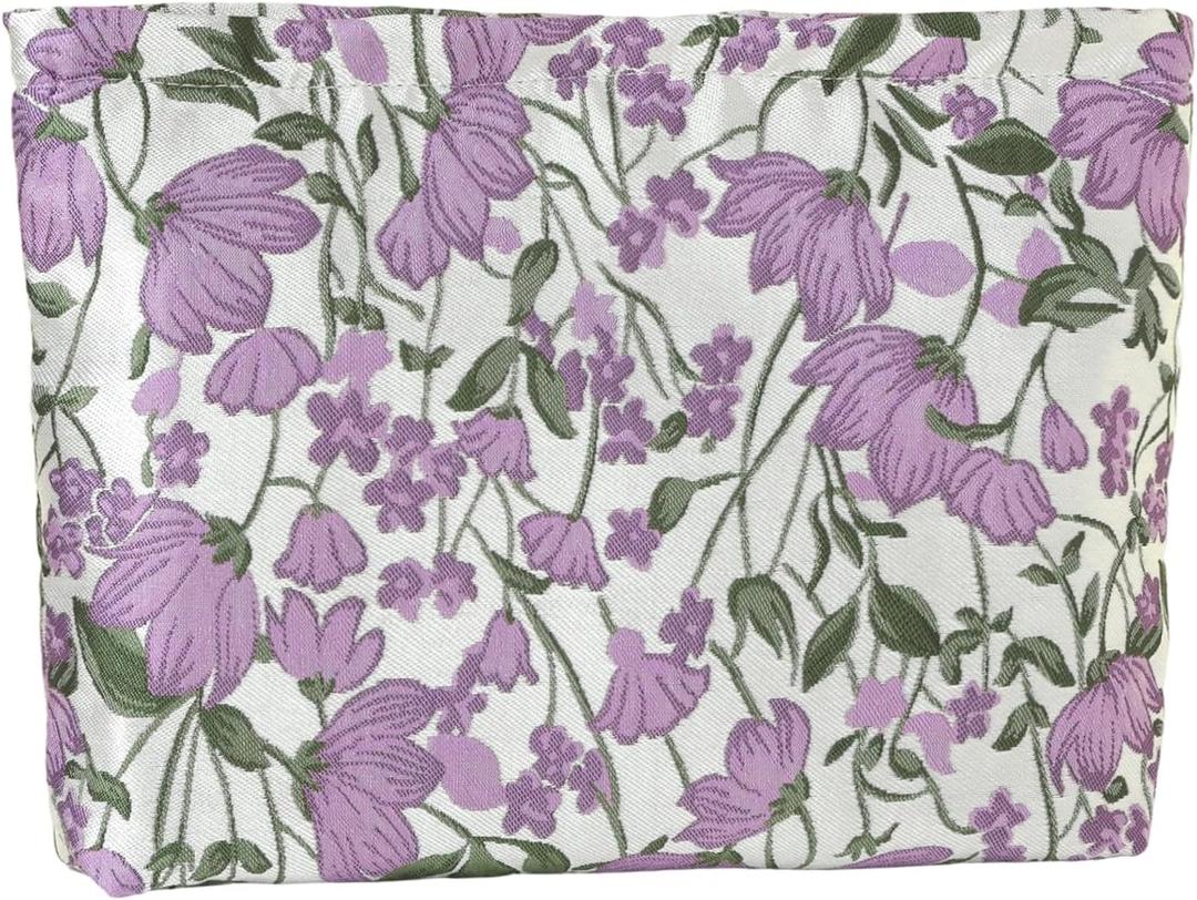 Elegant Purple Floral Flowers Makeup Pouch for Women Small Embroidered Make Up Bag for Zipper Initial Cute Canvas Makeup Cosmetic Bags Pouches for Purse Aesthetic Travel Toiletry