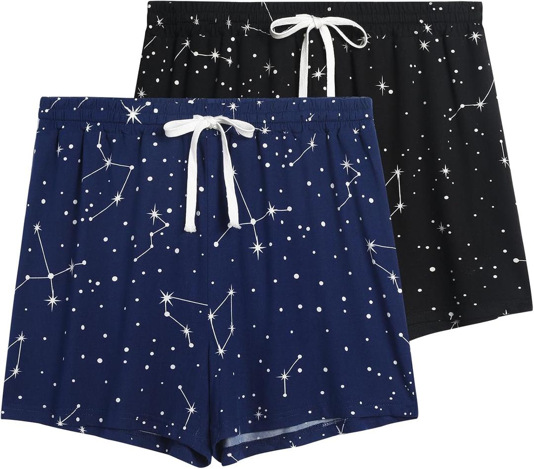 2 Pack Pajama Shorts for Women Cotton Sleep Shorts Casual Lounge Pants Drawstring Pj Bottoms (Medium, Black Star & Navy Star)