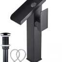 Black Vessel Faucet Open Waterfall Spout Bathroom Single Hole Right Handle Matching Pop Up Drain Stopper No Overflow Bowl Sink Tall Lavatory Vanity RV Basin Tap Deck Mount Bath Faucets Supply Lines