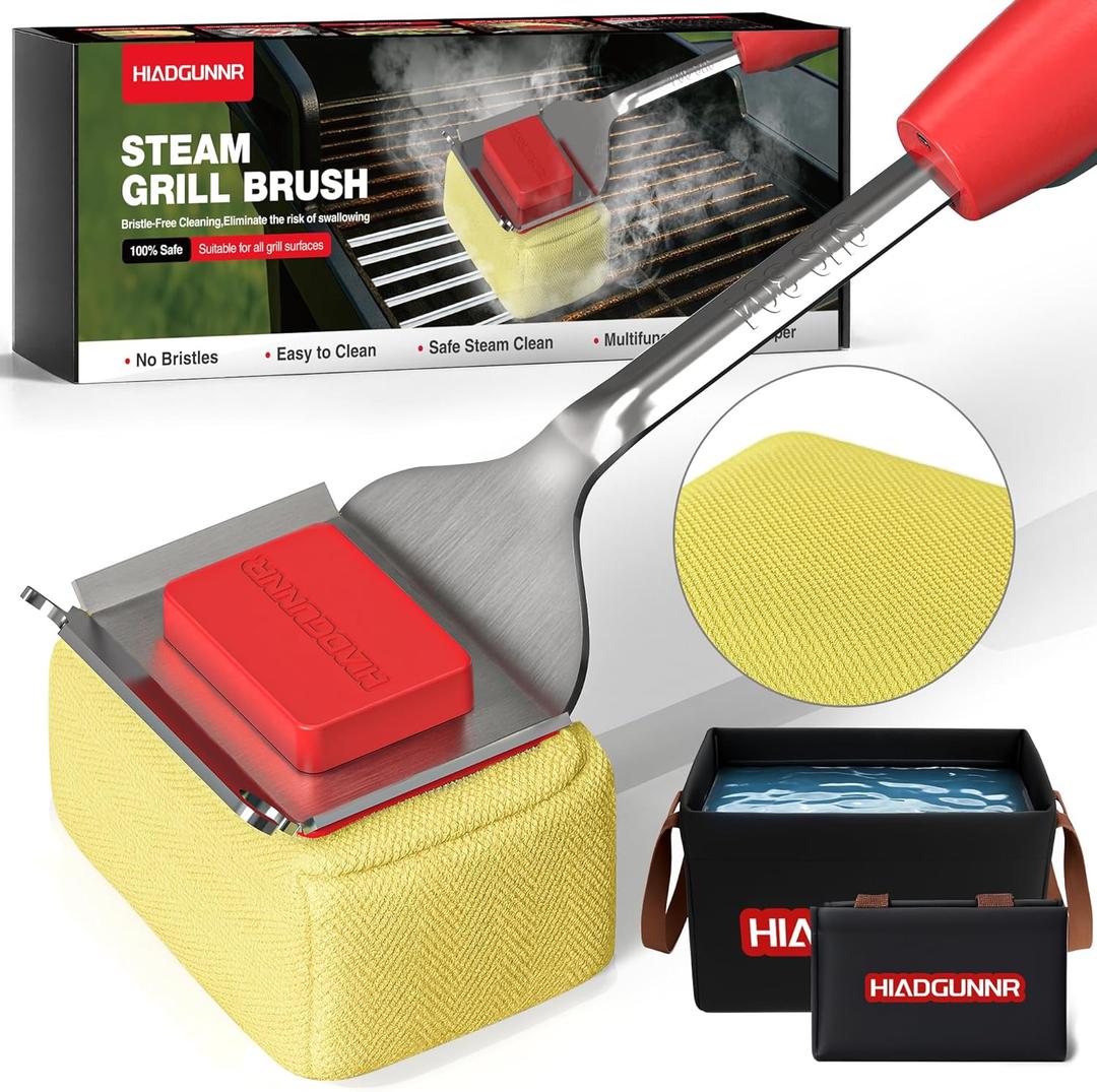 Grill Brush Bristle Free with Collapsible Bucket, BBQ Grill Cleaning Brush for Outdoor with Replaceable Head and Scraper, Safe Non-Metallic Bristles for Cast Iron or Stainless-Steel Grill Tools