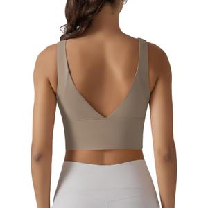 ABOCIW Sports Bra for Women V Back Longline Padded Yoga Bra Workout Crop Tank Tops Khaki Small (S)