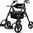 Foldable 2-in-1 Rollator Walker for Seniors with Seat, Lightweight Transport Wheelchair Combo 300 lbs Capacity, All-Terrain Tires, Anti-Tip Brakes, Adjustable Height 33.5"-40"