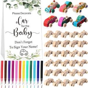 WinnerWhy Baby Shower Game Sign Kit Includes 32 Unfinished Wooden Car Blocks, 12 Markers, and a Prize Decoration Sign for Baby Shower(Leaf)
