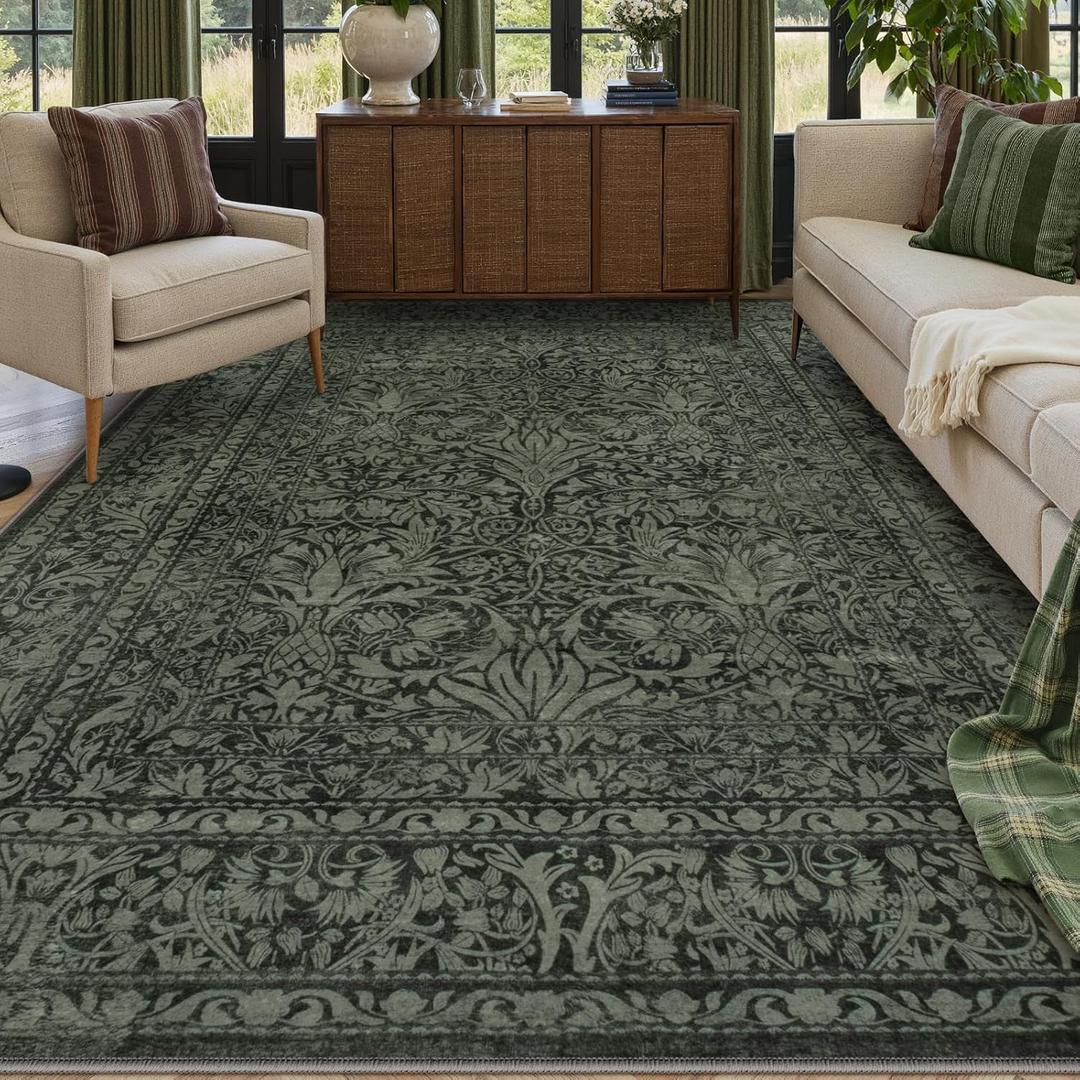 Lahome Floral Washable 8x10 Rugs for Living Room, Green Boho Bedroom Office Rug, Vintage Non Slip Non Shedding Stain Resistant Floor Carpet for Dining Room Home Decor