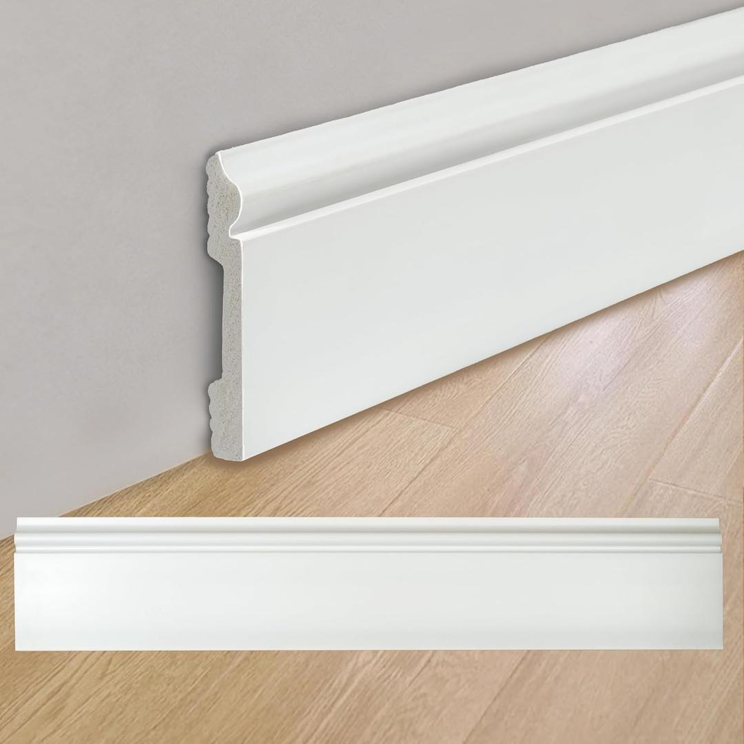 8 Pcs Wall Baseboard Molding Trim 47.2 x 3.15 in, High Impact Polystyrene Waterproof Skirting Board for Home Decor, Installed with Glue Not Include(8PC) (White)