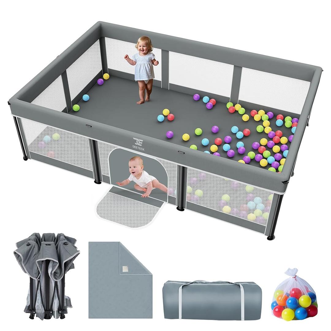 Foldable Baby Playpen with Mat - 74"X50" Large Play Yard for Babies and Toddlers - Indoor & Outdoor Portable Playpen with Storage Bag & 30 Ocean Ball - Baby Fence with Visible Mesh & Zipper Door,Grey