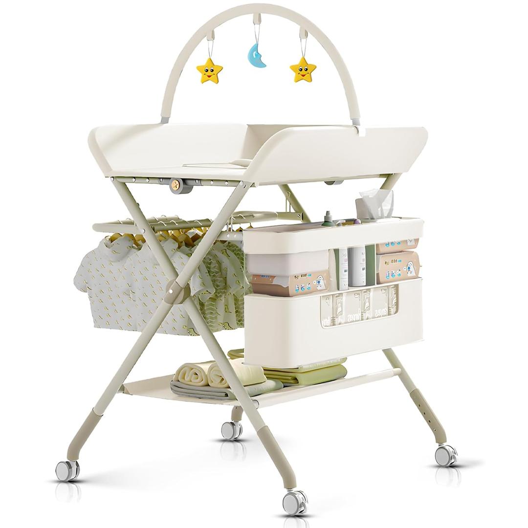Changing Table, Portable Baby Changing Table with Wheels, Upgraded Foldable Diaper Changing Station with 5-Level Adjustable Height & Large Nursery Organizer Storage for Newborn Infant (Beige)