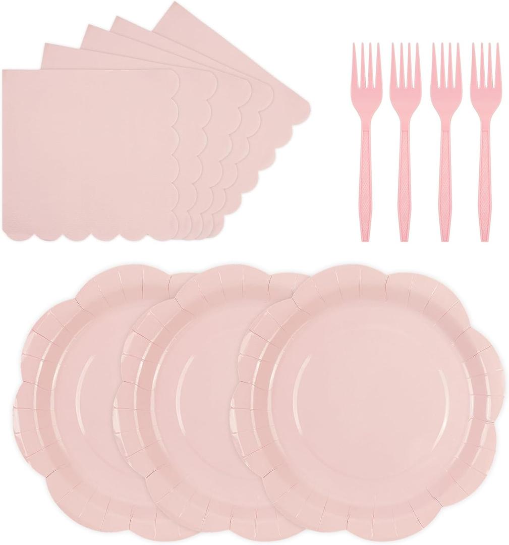 75 PCS Pink Paper Plates and Napkins Party Supplies, LightPink Scalloped Plates Napkins Forks Disposable Tableware Set for Bridal Baby Shower Wedding Birthday Party Decorations (Pink)